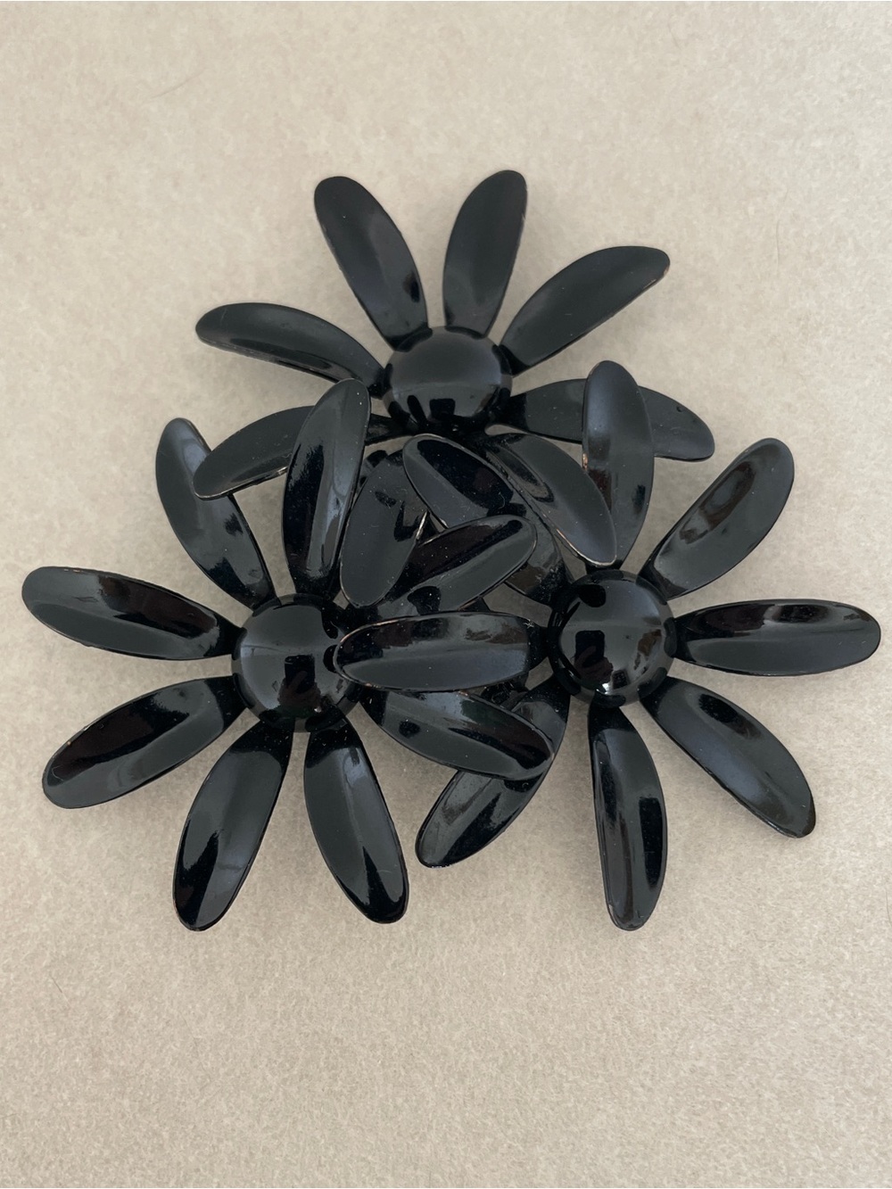 Vintage Black Enamel Triple Daisy Flower Brooch 3” Statement Floral